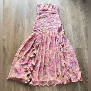 astr the label estefany pink floral pleated ruffle strapless maxi dress small